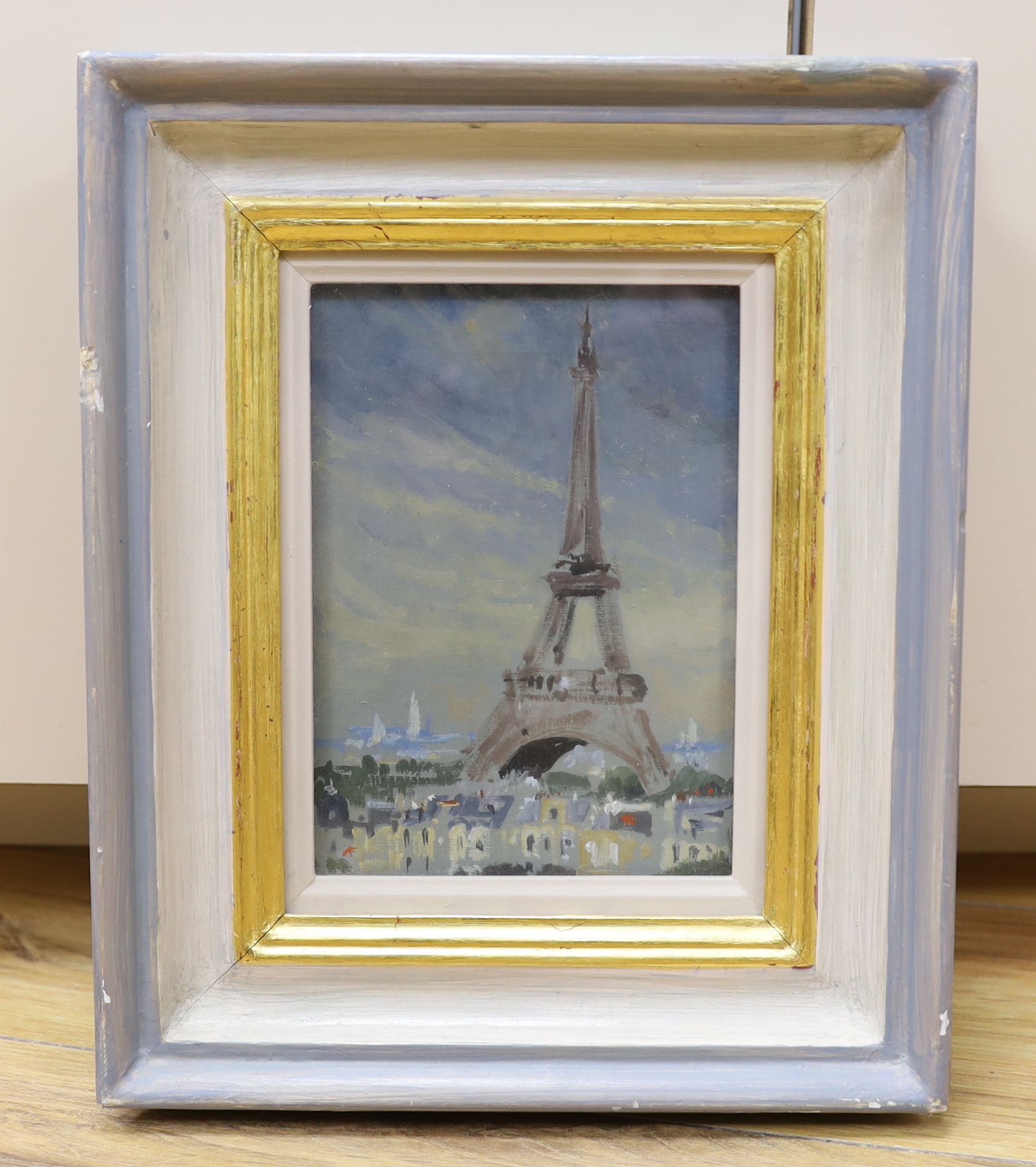 Anthony Flemming (b.1936), Impressionist oil on board, Eiffel Tower, details verso, 17 x 12cm